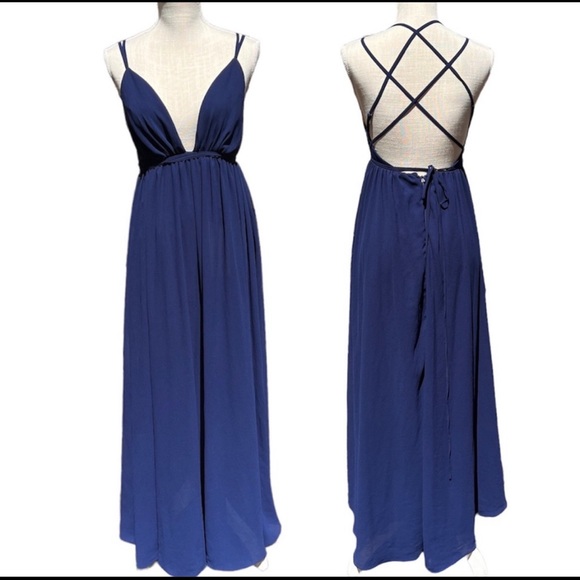 🌻Lulu's Blue Open-Back Long V-Neck Strappy Formal Dress Size Small - Picture 2 of 9